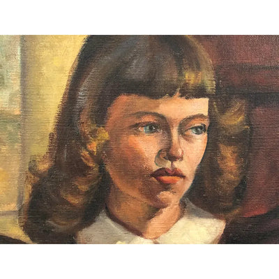 1949 Portrait Young Woman With Flowers Oil on Canvas Painting Signed Fey Marshall, Framed