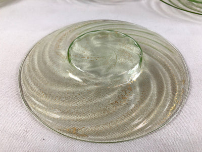 Vintage Venetian Glass 7" Round Green Dishes Gold Flecks - Set 7