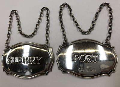 Pair of 1980's English Sterling Silver Bottle Tags Sherry & Port