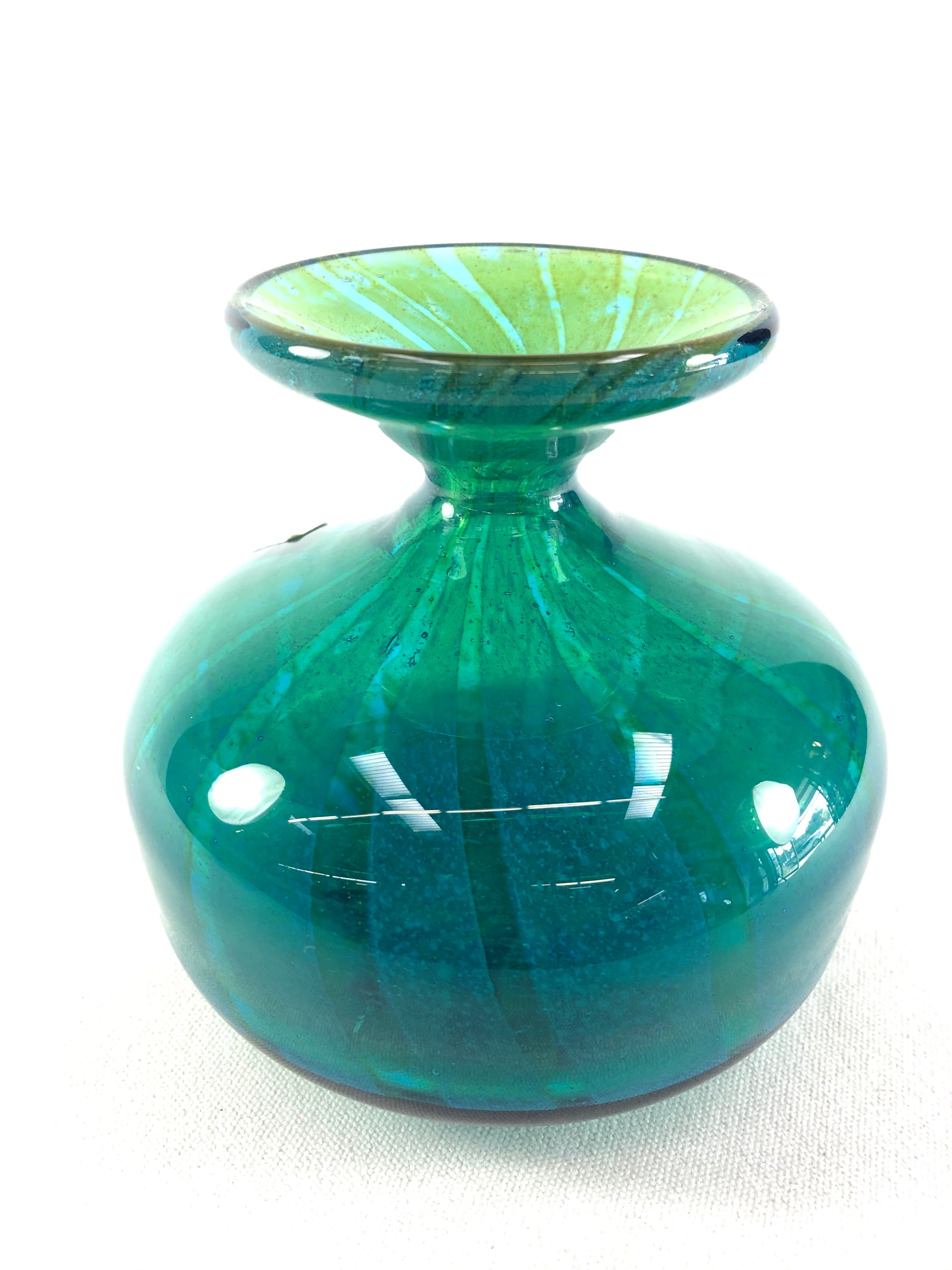 Vibrant Blue & Green Ming Pattern Vase Mdina Glass Signed - themartcollective