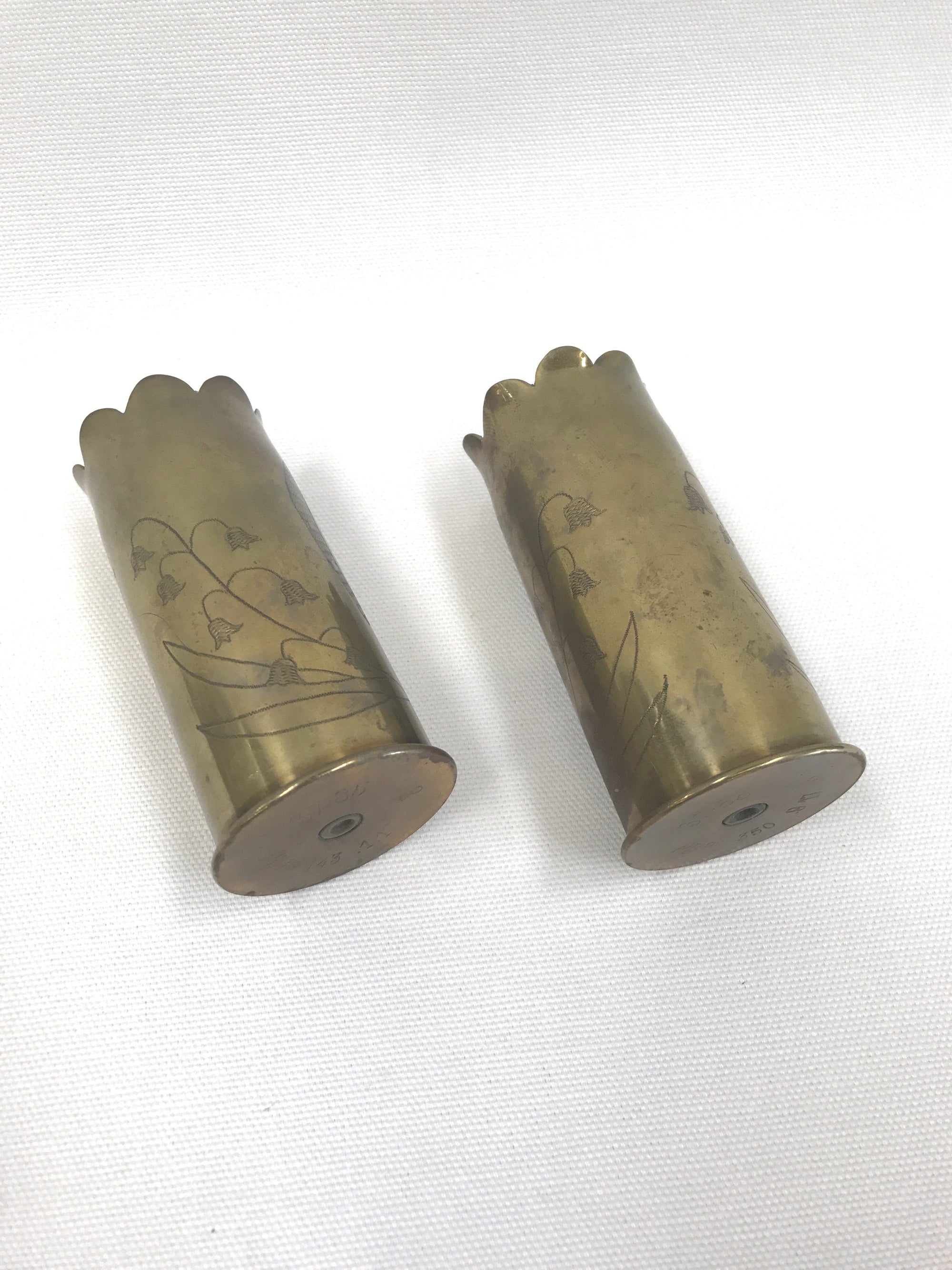 Pair trench art vases 1918 brass WW1 France The Mart Collective LA