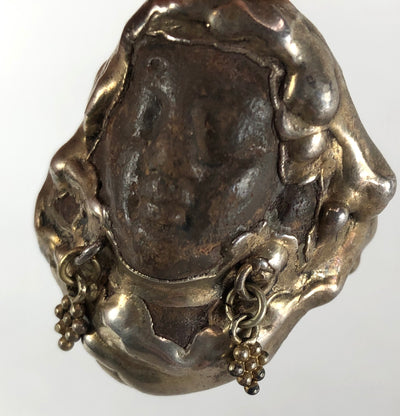 Terracotta Face Pendant Adorned Metal Grape Earrings Signed